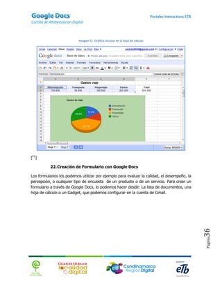 Imagen 51. Gráfico circular en la hoja de cálculo




[51]

          22. Creación de Formulario con Google Docs

Los formularios los podemos utilizar por ejemplo para evaluar la calidad, el desempeño, la
percepción, o cualquier tipo de encuesta de un producto o de un servicio. Para crear un
formulario a través de Google Docs, lo podemos hacer desde: La lista de documentos, una
hoja de cálculo o un Gadget, que podemos configurar en la cuenta de Gmail.


                                                                                             36
                                                                                             Página
 