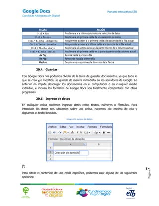 20.4. Guardar

Con Google Docs nos podemos olvidar de la tarea de guardar documentos, ya que todo lo
que se crea y/o modifica, se guarda de manera inmediata en los servidores de Google. Lo
anterior no impide descargar los documentos en el computador o en cualquier medio
extraíble, e incluso los formatos de Google Docs son totalmente compatibles con otros
programas.

          20.5. Ingreso de datos

En cualquier celda podemos ingresar datos como textos, números o fórmulas. Para
introducir los datos nos ubicamos sobre una celda, hacemos clic encima de ella y
digitamos el texto deseado.

                                 Imagen 6. Ingreso de datos




[6]
                                                                                          7
                                                                                          Página




Para editar el contenido de una celda específica, podemos usar alguna de las siguientes
opciones:
 