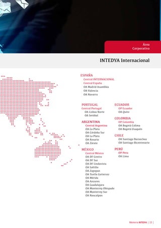 PORTUGAL
Central Portugal
OA Lisboa Norte
OA Setúbal
ARGENTINA
Central Argentina
OA La Plata
OA Córdoba Sur
OA La Plata
OA Rosario
OA Zárate
MÉXICO
Central México
OA DF Centro
OA DF Sur
OA DF Lindavista
OA Saltillo
OA Zapopan
OA Tuxtla Gutierrez
OA Mérida
OA Anzures
OA Guadalajara
OA Monterrey Obispado
OA Monterrey Sur
OA Naucalpan
ECUADOR
OP Ecuador
OA Quito
COLOMBIA
OP Colombia
OA Bogotá Colima
OA Bogotá Usaquén
CHILE
OA Santiago Barnechea
OA Santiago Bicentenario
PERÚ
OP Peru
OA Lima
ESPAÑA
Central INTERNACIONAL
Central España
OA Madrid Asamblea
OA Valencia
OA Navarra
INTEDYA Internacional
Área
Corporativa
Memoria INTEDYA | 13 |
 