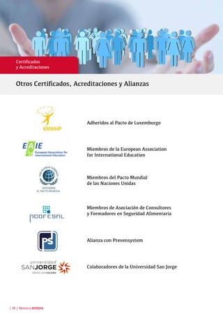 Certificados
y Acreditaciones
Otros Certificados, Acreditaciones y Alianzas
Adheridos al Pacto de Luxemburgo
Miembros de la European Association
for International Education
Miembros del Pacto Mundial
de las Naciones Unidas
Miembros de Asociación de Consultores
y Formadores en Seguridad Alimentaria
Alianza con Prevensystem
Colaboradores de la Universidad San Jorge
| 40 | Memoria INTEDYA
 