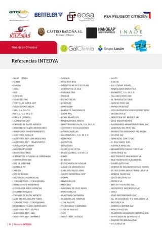 | 44 | Memoria INTEDYA
Nuestros Clientes
• MABE - LEISER
• SERCO
• DIAPSA
• ASSA
• RGS
• ETIFILMS
• VISKO TEEPAK
• TORTILLAS SUPER-HOT
• SALSAS DON CARLOS
• ABA, S.A. DE C.V.
• METCO, S.A. DE C.V.
• DRESEN QUÍMICA
• ALIMENTOS GAVI
• ENVASES DE PAPEL AVENTIS
• INMUEBLES Y CASAS MODULARES
• INNOFOODS (MANTENIMIENTO)
• AUDITORÍA SIGPACK
• AUDITORÍA PEP - DVA MEXICANA
• AUDITORÍA PEP - TRANSPORTES
• SALSAS DON CARLOS
• MERENGUES LIGHT
• INDUSTRIAS FRIS
• EXTRACTOS Y PULPAS LA ESMERALDA
• CORPORATIVO TAE
• DPC LA JOSEFINA
• QUÍMICA PH
• ARE-CO
• DPS MEXICANA
• AIG SINERGIA COMERCIAL
• TENSOACTIVOS - TENSOQUIMIA
• IMPRESIONES MODERNAS
• LITOGRAFIA MIER & CONCHA
• FOLIAM EMPAQUES
• ENVASES DE PAPEL AVENTIS
• ALTA TECNOLOGÍA EN TUBOS
• TENSOACTIVOS - TENSOQUIMIA
• INMUEBLES Y CASAS MODULARES
• AUDITORÍA PEP - SIGPACK
• AUDITORÍA PEP - ABA
• AUDITORÍA PEP - INPAMEX
• SIGPACK
• ROGERI TEXTIL
• NALCO DE MEXICO (ECOLAB)
• AUTOHOTEL LA ISLA
• PRAGMACERO
• PROEZA
• ESENCITRICOS
• FUNFRUIT
• CONFICORP
• BARNICES_NACIONALES
• CROM-ANG
• DEVAL PLASTICOS
• MAQUILADORA ARISTA
• CONVERSIONES ALFA, S.A. DE C.V.
• ADITIVOS Y CATALIZADORES
• AP MASCARILLAS
• COLOMBIN BEL, S.A. DE C.V.
• COREPACK
• CREARTON
• DIDULGOSA
• DULCES CHICLETIN
• DULCES GOMEZ, S.A DE C.V.
• EIMEX
• EL ROLLO
• ESTUCHADOS DE AZUCAR
• GALLETAS AROMATICAS
• GARCISOL RECICLADOS
• GRUPO INDUSTRIAL HOP
• HEMAC
• MAQUILASSER
• MARCELA
• NACIONAL DE HULE NOVA
• PHARMAPLAST
• PLASTICOS CANTABRIA
• RESORTES OIL TEMPERE
• STAR PLASTIC
• TECNOLOGIA Y ASESORIA
• TYSA DE MEXICO
• YAPI
• INDUSTRIAS CITLALLI
• VAPEX
• XANTAI
• EXCLUSIVAS VIKARI
• MAQUILADOS INDUSTRIA
• PROMATEC, S.A. DE C.V.
• TALLERES DEVECCHI
• ULTRAVIOLETA FENIX
• SODEXO PERU SAC
• IMPALA PERU SAC
• CICA INGENIEROS CONSULTORES PERU
• DECORLUX SAC
• INDUSTRIA DEL MUEBLE SAC
• CRUZ ROJA PERUANA
• RADIADORES ARNAO INDUSTRIAL SAC
• GRAFINAL DEL PERU SAC
• PRODUCTOS DERIVADOS DEL METAL
• HELENA SAC
• COMERCIAL CONTE SAC
• H. RUIZ HNOS. EIRL
• ARTPACK PERU SAC
• GEOMATICOS CONSULTORES SAC
• OPEN SPACE SA
• ELECTROVOLT INGENIEROS SA
• MULTISERVICIOS OCEANO EIRL
• GRUPO QUITO SAC
• CENTRO DE DIAGNOSTICO SAN ISIDRO 	
• ESTRUCTURAS INDUSTRIALES EGA SA
• MINERA TAURO SAC
• COLCA DEL PERU SA
• COPREX SA
• BDO OUTSOURCING SAC
• GEOSERVICE INGENIERIA SAC
• ZIYAZ
• CRAS DISTRIBUIDORA SAC
• AG. DE ADUANAS J Y N ASOCIADOS SA
• MOTOREX SA
• DORICH & WATKIN SAC
• MINCOTRALL SRL
• PLASTICOS BASICOS DE EXPORTACION
• ALMACENES DE DEPOSITO SA
• DIGITRO TECNOLOGIA SAC
• SYL CARGO SA
Referencias INTEDYA
 
