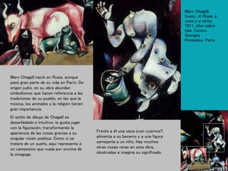 Marc Chagall,
(ruso), A Rusia, a
unos y a otros,
1911, óleo sobre
tela, Centro
Georges
Pompidou, París.
Marc Chagall nació en Rusia, aunque
pasó gran parte de su vida en París. De
origen judío, en su obra abundan
simbolismos que hacen referencia a las
tradiciones de su pueblo, en las que la
música, los animales y la religión tienen
gran importancia.
El estilo de dibujo de Chagall es
desenfadado e intuitivo, le gusta jugar
con la figuración, transformando la
apariencia de las cosas gracias a su
singular visión poética. Como si se
tratara de un sueño, aquí representa a
un campesino que vuela por encima de
la sinagoga.
Frente a él una vaca ¿con cuernos?,
alimenta a su becerro y a una figura
semejante a un niño. Hay muchos
otras cosas raras en esta obra,
obsérvalas e imagina su significado.
 