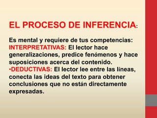 EL PROCESO DE INFERENCIA:
Es mental y requiere de tus competencias:
INTERPRETATIVAS: El lector hace
generalizaciones, predice fenómenos y hace
suposiciones acerca del contenido.
•DEDUCTIVAS: El lector lee entre las líneas,
conecta las ideas del texto para obtener
conclusiones que no están directamente
expresadas.
 