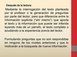 – Después de la lectura:
Mediante la interrogación del texto planteada
por el profesor o la generación de preguntas
por parte del lector, para que diferencie entre la
información explícita (“ahí mismo”) que aporta
el texto y la información que puede ser inferida
leyendo más de un párrafo, el texto completo o
acudiendo a la experiencia previa del lector.
Formulando preguntas que no son respondidas
en ninguno de los niveles anteriores y que lo
motivarán a la búsqueda de nueva información.
 