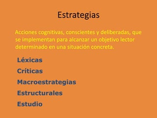 Estrategias
Acciones cognitivas, conscientes y deliberadas, que
se implementan para alcanzar un objetivo lector
determinado en una situación concreta.
Léxicas
Críticas
Macroestrategias
Estructurales
Estudio
 