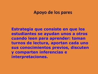 Apoyo de los pares
Estrategia que consiste en que los
estudiantes se ayudan unos a otros
cuando leen para aprender: toman
turnos de lectura, aportan cada uno
sus conocimientos previos, discuten
y comparten inferencias e
interpretaciones.
 