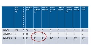PEN
AMP
PIP
C
E
F
A
Z
O
L
I
N
A
OXACIL
INA
CLIND
AMICIN
A
ERITRO
MICINA
TETRA
CICLIN
A
VANCO
MICINA
CIPROF
LOXACI
NA
RIFAM
PICINA
TMP
SMX
SAMS S/R S S S S S S S S S
SAMRAC R R R S S S S S S S
SAMRAH R R R R R R/S S R S/R S/R
 