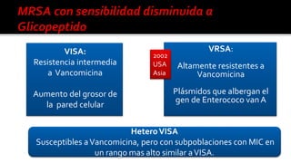VRSA:
Altamente resistentes a
Vancomicina
Plásmidos que albergan el
gen de Enterococo vanA
VISA:
Resistencia intermedia
a Vancomicina
Aumento del grosor de
la pared celular
HeteroVISA
Susceptibles aVancomicina, pero con subpoblaciones con MIC en
un rango mas alto similar aVISA.
2002
USA
Asia
 