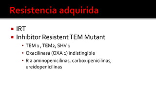  IRT
 Inhibitor ResistentTEM Mutant
▪ TEM 1 ,TEM2, SHV 1
▪ Oxacilinasa (OXA 1) indistingible
▪ R a aminopenicilinas, carboxipenicilinas,
ureidopenicilinas
 