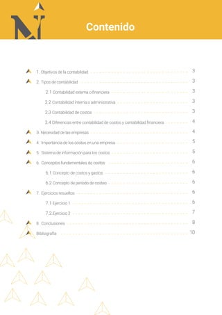 Contenido
3
3
3
3
3
4
4
5
5
6
6
6
6
6
7
8
10
1. Objetivos de la contabilidad
2. Tipos de contabilidad
2.1 Contabilidad externa o financiera
2.2 Contabilidad interna o administrativa
2.3 Contabilidad de costos
2.4 Diferencias entre contabilidad de costos y contabilidad financiera
3. Necesidad de las empresas
4. Importancia de los costos en una empresa
5. Sistema de información para los costos
6. Conceptos fundamentales de costos
6.1 Concepto de costos y gastos
6.2 Concepto de período de costeo
7. Ejercicios resueltos
7.1 Ejercicio 1
7.2 Ejercicio 2
8. Conclusiones
Bibliografía
 