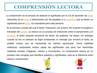 La comprensión es el proceso de elaborar el significado por la vía de aprender las ideas
relevantes de un texto y relacionarlas con las popadas y/ o conceptos que ya tienen un
significado para el lector. Es importante para cada persona.

Es el proceso a través del cual el lector "interactúa" con el texto. Sin importar la longitud o
brevedad del párrafo. La lectura es un proceso de interacción entre el pensamiento y el
lenguaje, el lector necesita reconocer las letras, las palabras, las frases, sin embargo
cuando se lee no siempre se logra comprender el mensaje que encierra el texto, es
posible   incluso   que   se   comprenda     de   manera     equivocada.    Como     habilidad
intelectual, comprender implica captar los significados que otros han transmitido
mediante sonidos, imágenes, colores y movimientos. La comprensión lectora es un
proceso más complejo que identificar palabras y significados, esta es la diferencia entre
lectura y comprensión.
 