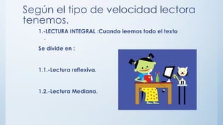 Según el tipo de velocidad lectora
tenemos.
1.-LECTURA INTEGRAL :Cuando leemos todo el texto
.
Se divide en :
1.1.-Lectura reflexiva.
1.2.-Lectura Mediana.
 