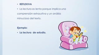 • REFLEXIVA
• La lectura es lenta porque implica una
comprensión exhaustiva y un análisis
minucioso del texto.
Ejemplo:
• La lectura de estudio.
 