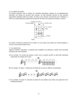 13
2. Las rejillas de acordes.
En muchas partituras sólo se indican las melodías principales, dejando los acompañamientos
indicados con formas de escritura más sucintas. La más utilizada consiste en una notación
esquemática llamada rejilla de acordes. Se basa en las mismas convenciones de la tablatura, y
ofrece un cuadriculado que representa una porción del brazo de la guitarra (cuerdas y trastos).
Los puntos muestran la posición de los dedos. La cruz marca una cuerda con sonido ahogado, y
el cero es una cuerda tocada al aire.
3. Las repeticiones.
Algunos símbolos especiales se emplean para simplificar las partituras cuando éstas presentan
secuencias de notas repetidas.
A) Los acordes. Un acorde que aparece varias veces se puede escribir en abreviado indicando
únicamente la campana de la nota.
B) Los tiempos. El signo // sindica que el tiempo de esa nota es idéntico al precedente.
C) Las medidas. El signo % colocado en medio de una medida vacía indica una repetición de la
medida precedente.
 