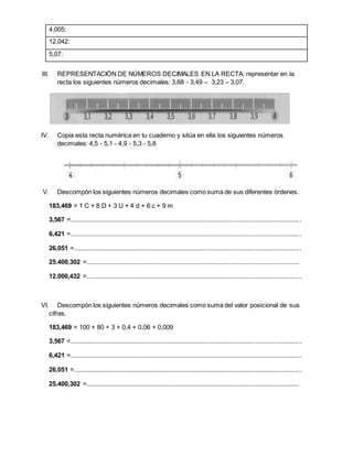 4,005: 
12,042: 
5,07: 
III. REPRESENTACIÓN DE NÚMEROS DECIMALES EN LA RECTA: representar en la 
recta los siguientes números decimales: 3,68 - 3,49 – 3,23 – 3,07. 
IV. Copia esta recta numérica en tu cuaderno y sitúa en ella los siguientes números 
decimales: 4,5 - 5,1 - 4,9 - 5,3 - 5,8 
V. Descompón los siguientes números decimales como suma de sus diferentes órdenes. 
183,469 = 1 C + 8 D + 3 U + 4 d + 6 c + 9 m 
3,567 =.................................................................................................................................... 
6,421 =.................................................................................................................................... 
26,051 =.................................................................................................................................. 
25.400,302 =.......................................................................................................................... 
12.000,432 =........................................................................................................................... 
VI. Descompón los siguientes números decimales como suma del valor posicional de sus 
cifras. 
183,469 = 100 + 80 + 3 + 0,4 + 0,06 + 0,009 
3,567 =.................................................................................................................................... 
6,421 =.................................................................................................................................... 
26,051 =.................................................................................................................................. 
25.400,302 =.......................................................................................................................... 
