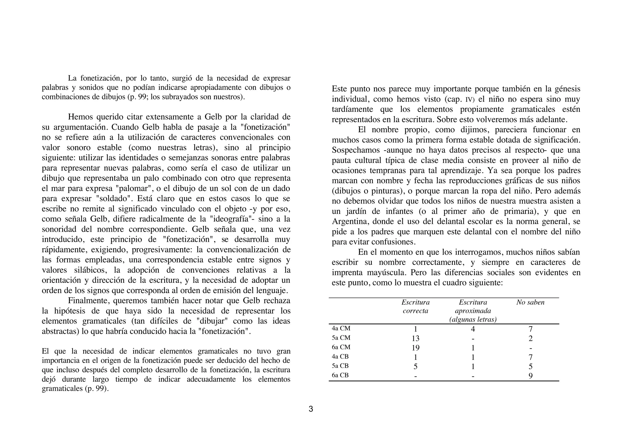 La fonetización, por lo tanto, surgió de la necesidad de expresar
palabras y sonidos que no podían indicarse apropiadamente con dibujos o            Este punto nos parece muy importante porque también en la génesis
combinaciones de dibujos (p. 99; los subrayados son nuestros).                     individual, como hemos visto (cap. IV) el niño no espera sino muy
                                                                                   tardíamente que los elementos propiamente gramaticales estén
        Hemos querido citar extensamente a Gelb por la claridad de                 representados en la escritura. Sobre esto volveremos más adelante.
su argumentación. Cuando Gelb habla de pasaje a la "fonetización"                          El nombre propio, como dijimos, pareciera funcionar en
no se refiere aún a la utilización de caracteres convencionales con                muchos casos como la primera forma estable dotada de significación.
valor sonoro estable (como nuestras letras), sino al principio                     Sospechamos -aunque no haya datos precisos al respecto- que una
siguiente: utilizar las identidades o semejanzas sonoras entre palabras            pauta cultural típica de clase media consiste en proveer al niño de
para representar nuevas palabras, como sería el caso de utilizar un                ocasiones tempranas para tal aprendizaje. Ya sea porque los padres
dibujo que representaba un palo combinado con otro que representa                  marcan con nombre y fecha las reproducciones gráficas de sus niños
el mar para expresa "palomar", o el dibujo de un sol con de un dado                (dibujos o pinturas), o porque marcan la ropa del niño. Pero además
para expresar "soldado". Está claro que en estos casos lo que se                   no debemos olvidar que todos los niños de nuestra muestra asisten a
escribe no remite al significado vinculado con el objeto -y por eso,               un jardín de infantes (o al primer año de primaria), y que en
como señala Gelb, difiere radicalmente de la "ideografía"- sino a la               Argentina, donde el uso del delantal escolar es la norma general, se
sonoridad del nombre correspondiente. Gelb señala que, una vez                     pide a los padres que marquen este delantal con el nombre del niño
introducido, este principio de "fonetización", se desarrolla muy                   para evitar confusiones.
rápidamente, exigiendo, progresivamente: la convencionalización de                         En el momento en que los interrogamos, muchos niños sabían
las formas empleadas, una correspondencia estable entre signos y                   escribir su nombre correctamente, y siempre en caracteres de
valores silábicos, la adopción de convenciones relativas a la                      imprenta mayúscula. Pero las diferencias sociales son evidentes en
orientación y dirección de la escritura, y la necesidad de adoptar un              este punto, como lo muestra el cuadro siguiente:
orden de los signos que corresponda al orden de emisión del lenguaje.
        Finalmente, queremos también hacer notar que Gelb rechaza                                     Escritura       Escritura       No saben
la hipótesis de que haya sido la necesidad de representar los                                         correcta       aproximada
elementos gramaticales (tan difíciles de "dibujar" como las ideas                                                  (algunas letras)
                                                                                   4a CM                  1               4              7
abstractas) lo que habría conducido hacia la "fonetización".
                                                                                   5a CM                 13               -              2
                                                                                   6a CM                 19               1              -
El que la necesidad de indicar elementos gramaticales no tuvo gran
                                                                                   4a CB                  1               1              7
importancia en el origen de la fonetización puede ser deducido del hecho de
                                                                                   5a CB                  5               1              5
que incluso después del completo desarrollo de la fonetización, la escritura
                                                                                   6a CB                  -               -              9
dejó durante largo tiempo de indicar adecuadamente los elementos
gramaticales (p. 99).

                                                                               3
 