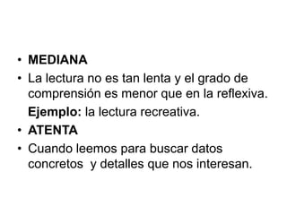 MEDIANALa lectura no es tan lenta y el grado de comprensión es menor que en la reflexiva.   Ejemplo: la lectura recreativa.ATENTACuando leemos para buscar datos concretos  y detalles que nos interesan.
