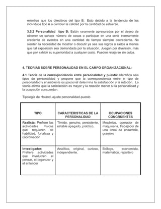 mientras que los directivos del tipo B. Esto debido a la tendencia de los
individuos tipo A a cambiar la calidad por la cantidad de esfuerzo.
3.5.2 Personalidad tipo B: Están raramente apresurados por el deseo de
obtener un salvaje número de cosas o participar en una serie eternamente
creciente de eventos en una cantidad de tiempo siempre decreciente. No
sienten la necesidad de mostrar o discutir ya sea sus logros o éxitos a menos
que tal exposición sea demandada por la situación. Juegan por diversión, más
que por exhibir su superioridad a cualquier costo. Pueden relajarse sin culpa.
4. TEORIAS SOBRE PERSONALIDAD EN EL CAMPO ORGANIZACIONAL:
4.1 Teoría de la correspondencia entre personalidad y puesto: Identifica seis
tipos de personalidad y propone que la correspondencia entre el tipo de
personalidad y el ambiente ocupacional determina la satisfacción y la rotación. La
teoría afirma que la satisfacción es mayor y la rotación menor si la personalidad y
la ocupación concuerdan.
Tipología de Holand, ajuste personalidad-puesto
TIPO CARACTERISTICAS DE LA
PERSONALIDAD
OCUPACIONES
CONGRUENTES
Realista: Prefiere las
actividades físicas
que requieren de
habilidad, fortaleza y
coordinación
Tímido, genuino, persistente,
estable apegado, práctico.
Mecánico, operador de
maquinaria, trabajador de
una línea de ensamble,
granjero
Investigador:
Prefiere actividades
que involucren el
pensar, el organizar y
el entender
Analítico, original, curioso,
independiente.
Biólogo, economista,
matemático, reportero
 