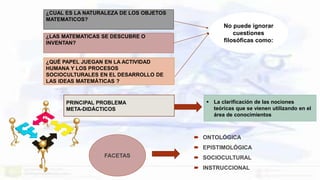  ONTOLÓGICA
 EPISTIMOLÓGICA
 SOCIOCULTURAL
 INSTRUCCIONAL
¿CUAL ES LA NATURALEZA DE LOS OBJETOS
MATEMATICOS?
¿LAS MATEMATICAS SE DESCUBRE O
INVENTAN?
PRINCIPAL PROBLEMA
META-DIDÁCTICOS
No puede ignorar
cuestiones
filosóficas como:
 La clarificación de las nociones
teóricas que se vienen utilizando en el
área de conocimientos
FACETAS
¿QUÉ PAPEL JUEGAN EN LA ACTIVIDAD
HUMANA Y LOS PROCESOS
SOCIOCULTURALES EN EL DESARROLLO DE
LAS IDEAS MATEMÁTICAS ?
 