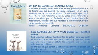 UN DIA DE LLUVIA por: CLAUDIA RUEDA
Ana debe quedarse en su casa pues es muy pequeña para ir a
la fiesta con sus padres. Su única compañía es un gato
travieso que se escapa al sótano. El misterioso lugar está
lleno de ratones, telarañas y libros. Estos últimos llevarán a
Ana a un viaje por la fantasía de los cuentos hasta la
medianoche, cuando tiene que regresar a su habitación, no sin
antes perder una zapatilla.
Nivel: Primeros Lectores EDITORIAL OCEANO
DOS RATONES,UNA RATA Y UN QUESO por: CLAUDIA
RUEDA
Dos pequeños ratones hambrientos se pelean para ver quién
es el dueño de un delicioso queso, amarillo y apestoso, hasta
que una rata vieja y astuta les propone una forma de
solucionar su poblema.
¿Será que los que parten y comparten siempre se quedan con
la mejor parte?
Nivel: Primeros Lectores EDITORIAL OCEANO
 