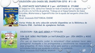 COLECCION: POR QUE DEBO? 4 TITULOS
POR QUE DEBO PROTEGER LA NATURALEZA por: JEN GREEN y MIKE
GORDON
¿Por qué es importante cuidar la naturaleza? ¿Qué podemos hacer para
protegerla? Acompaña a los protagonistas y encontrarás las respuestas a
esas preguntas. El libro incluye notas para padres y profesores, así como
actividades lúdicas que ayudarán a reforzar su contenido.
Nivel: Avanzado EDITORIAL ANAYA
COLECCIÓN LOS CASOS DEL INSPECTOR CITO # 1-10
EL VISITANTE NOCTURNO # 3 por: ANTONIO G. ITURBE
El Inspector Cito, detective famoso en todo el mundo por su ingenio y por
su afición a la tortilla de patatas. Trabaja en el Departamento de Casos
Extraños, Misteriosos y Superdifíciles con la ayuda del sargento chino Chin
Mi Edo.
Nivel: Avanzado EDITORIAL EDEBE
Varios titulos de esta colección estarán disponibles en la Biblioteca de
Primaria CNG. Cantidad de ejemplares limitada.
 