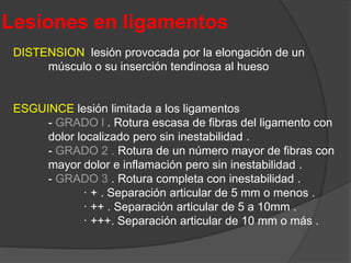 Lesiones en ligamentos
DISTENSION lesión provocada por la elongación de un
músculo o su inserción tendinosa al hueso
ESGUINCE lesión limitada a los ligamentos
- GRADO l . Rotura escasa de fibras del ligamento con
dolor localizado pero sin inestabilidad .
- GRADO 2 . Rotura de un número mayor de fibras con
mayor dolor e inflamación pero sin inestabilidad .
- GRADO 3 . Rotura completa con inestabilidad .
· + . Separación articular de 5 mm o menos .
· ++ . Separación articular de 5 a 10mm .
· +++. Separación articular de 10 mm o más .
 