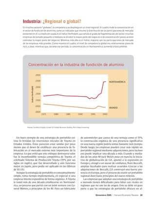 Industria: ¿Regional o global?
        En muchos sectores “globales”, la competencia se despliega en un nivel regional. El cuadro mide la concentración en
        el sector de fundición de aluminio, como un indicador que resume la distribución de las participaciones de mercado
        existentes en él. La medición usada es el índice Herfindahl, que señala el grado de fragmentación del sector (muchas
        empresas de tamaño pequeño a mediano se dividen la mayor parte del negocio) o de concentración (pocos actores
        controlan la mayor parte del negocio). Mientras más alto es el índice, mayores son las participaciones de mercado
        de las empresas más grandes. Como muestra el cuadro, el nivel de competencia global era relativamente plano de
        1975 a 2000, mientras que, durante ese período, la concentración en Norteamérica aumentó drásticamente.




             Concentración en la industria de fundición de aluminio

                                    .3000

                                    .2500
                                                                                                                      NORTEAMÉRICA

                                    .2000
                Indice Herfindahl




                                    .1500


                                    .1000

                                    .0500
                                                                                                                      MUNDO
                                    .0000
                                            1975   1980        1985            1990               1995         2000




            Fuente: Fariborz Ghadar, Center for Global Business Studies, Penn State University.




   Un buen ejemplo de una estrategia de portafolio exi-                            de automóviles que carece de una ventaja como el TPS,
tosa lo brindan las inversiones iniciales de Toyota en                             la construcción orgánica de una presencia significativa
Estados Unidos. Éstas parecían estar unidas por poco                               en una nueva región podría tomar bastante más tiempo.
menos que el deseo de establecer una presencia de fa-                              Desde luego, las empresas pueden crear más rápido un
bricación en el mercado externo más importante de la                               portafolio regional mediante adquisiciones, pero incluso
empresa. Lo que evitó que este enfoque destruyera valor                            eso puede implicar una década o más. Cuando a media-
fue la inconfundible ventaja competitiva de Toyota: el                             dos de los años 80 Jack Welch puso en marcha la inicia-
celebrado Sistema de Producción Toyota (TPS, por sus                               tiva de globalización de GE, apuntó a la expansión en
siglas en inglés), que fue desarrollado y aún funciona                             Europa y otrogó a un asesor de confianza, Nani Beccalli,
mejor en Japón, pero podía ser aplicado en las fábricas                            amplias facultades para realizar acuerdos. Gracias a las
de EE.UU.                                                                          adquisiciones de Beccalli, GE construyó una fuerte pre-
   Aunque la estrategia de portafolio es conceptualmente                           sencia en Europa, pero el proceso de reunir un portafolio
simple, toma tiempo implementarla, en especial si una                              regional duró hasta principios del nuevo milenio.
empresa intenta expandirse de forma orgánica. A Toyota                                Las empresas que adoptan una estrategia de portafolio
le tomó más de una década establecerse en Norteamé-                                a menudo tienen dificultades para lidiar con rivales en
rica, un proceso que partió con un joint venture con Ge-                           regiones que no son las de origen. Esto se debe en gran
neral Motors, a principios de los 80. Para un fabricante                           parte a que las estrategias de portafolio ofrecen un al-

                                                                                                         Diciembre 2005   |   Harvard Business Review 30
 