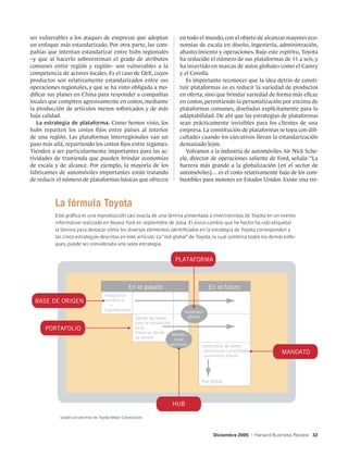 ser vulnerables a los ataques de empresas que adoptan                      en todo el mundo, con el objeto de alcanzar mayores eco-
un enfoque más estandarizado. Por otra parte, las com-                     nomías de escala en diseño, ingeniería, administración,
pañías que intentan estandarizar entre hubs regionales                     abastecimiento y operaciones. Bajo este espíritu, Toyota
–y que al hacerlo sobreestiman el grado de atributos                       ha reducido el número de sus plataformas de 11 a seis, y
comunes entre región y región– son vulnerables a la                        ha invertido en marcas de autos globales como el Camry
competencia de actores locales. Es el caso de Dell, cuyos                  y el Corolla.
productos son relativamente estandarizados entre sus                          Es importante reconocer que la idea detrás de consti-
operaciones regionales, y que se ha visto obligada a mo-                   tuir plataformas no es reducir la variedad de productos
dificar sus planes en China para responder a compañías                     en oferta, sino que brindar variedad de forma más eficaz
locales que compiten agresivamente en costos, mediante                     en costos, permitiendo la personalización por encima de
la producción de artículos menos sofisticados y de más                     plataformas comunes, diseñadas explícitamente para la
baja calidad.                                                              adaptabilidad. De ahí que las estrategias de plataformas
   La estrategia de plataforma. Como hemos visto, los                      sean prácticamente invisibles para los clientes de una
hubs reparten los costos fijos entre países al interior                    empresa. La constitución de plataformas se topa con difi-
de una región. Las plataformas interregionales van un                      cultades cuando los ejecutivos llevan la estandarización
paso más allá, repartiendo los costos fijos entre regiones.                demasiado lejos.
Tienden a ser particularmente importantes para las ac-                        Volvamos a la industria de automóviles. Sir Nick Sche-
tividades de trastienda que pueden brindar economías                       ele, director de operaciones saliente de Ford, señala: “La
de escala y de alcance. Por ejemplo, la mayoría de los                     barrera más grande a la globalización [en el sector de
fabricantes de automóviles importantes están tratando                      automóviles]… es el costo relativamente bajo de los com-
de reducir el número de plataformas básicas que ofrecen                    bustibles para motores en Estados Unidos. Existe una tre-



          La fórmula Toyota
          Este gráfico es una reproducción casi exacta de una lámina presentada a inversionistas de Toyota en un evento
          informativo realizado en Nueva York en septiembre de 2004. El único cambio que he hecho ha sido etiquetar
          la lámina para destacar cómo los diversos elementos identificados en la estrategia de Toyota corresponden a
          las cinco estrategias descritas en este artículo. La “red global” de Toyota, la cual combina todos los demás enfo-
          ques, puede ser considerada una sexta estrategia.


                                                                         PLATAFORMA



                                                 En el pasado                              En el futuro
                                    Producción
  BASE DE ORIGEN                    doméstica
                                       +
                                    Exportaciones                              Automóvil
                                                     Sentar las bases           global
                                                     para la producción
      PORTAFOLIO                                     local
                                                     (fabricar donde    Modelo
                                                     se vende)           local
                                                                      exclusivo        Desarrollos de bases
                                                                                       - producción consolidada                  MANDATO
                                                                                       - suministro mutuo




                                                                                       Red global




                                                                        HUB

            Usado con permiso de Toyota Motor Corporation.



                                                                                            Diciembre 2005        |   Harvard Business Review 32
 