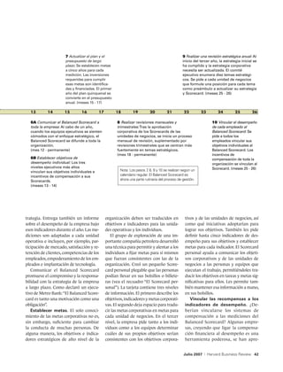 7 Actualizar el plan y el                                                9 Realizar una revisión estratégica anual: al
                      presupuesto de largo                                                     inicio del tercer año, la estrategia inicial se
                      plazo: se establecen metas                                               ha cumplido y la estrategia corporativa
                      a cinco años para cada                                                   necesita ser actualizada. el comité
                      medición. las inversiones                                                ejecutivo enumera diez temas estratégi-
                      requeridas para cumplir                                                  cos. se pide a cada unidad de negocios
                      esas metas son identifica-                                               que formule una posición para cada tema
                      das y financiadas. el primer                                             como preámbulo a actualizar su estrategia
                      año del plan quinquenal se                                               y scorecard. (meses 25 - 26)
                      convierte en el presupuesto
                      anual. (meses 15 - 17)




  6A Comunicar el Balanced Scorecard a               8 Realizar revisiones mensuales y                            10 Vincular el desempeño
  toda la empresa: al cabo de un año,                trimestrales: Tras la aprobación                             de cada empleado al
  cuando los equipos ejecutivos se sienten           corporativa de los scorecards de las                         Balanced Scorecard: se
  cómodos con el enfoque estratégico, el             unidades de negocios, se inicia un proceso                   pide a todos los
  Balanced scorecard se difunde a toda la            mensual de revisión, suplementado por                        empleados vincular sus
  organización.                                      revisiones trimestrales que se centran más                   objetivos individuales al
  (mes 12 - permanente)                              fuertemente en temas estratégicos.                           Balanced scorecard. los
                                                     (mes 18 - permanente)                                        incentivos de
  6B Establecer objetivos de                                                                                      compensación de toda la
  desempeño individual: los tres                                                                                  organización se vinculan al
  niveles ejecutivos más altos                                                                                    scorecard. (meses 25 - 26)
  vinculan sus objetivos individuales e               Nota: Los pasos 7 8, 9 y 10 se realizan según un
                                                                        ,
  incentivos de compensación a sus                    calendario regular. El Balanced Scorecard es
  scorecards.                                         ahora una parte rutinaria del proceso de gestión.
  (meses 13 - 14)




trategia. Entrega también un informe          organización deben ser traducidos en              tivos y de las unidades de negocios, así
sobre el desempeño de la empresa bajo         objetivos e indicadores para las unida-           como qué iniciativas adoptarían para
esos indicadores durante el año. Las me-      des operativas y los individuos.                  lograr sus objetivos. También les pide
diciones son adaptadas a cada unidad             El grupo de exploración de una im-             definir hasta cinco indicadores de des-
operativa e incluyen, por ejemplo, par-       portante compañía petrolera desarrolló            empeño para sus objetivos y establecer
ticipación de mercado, satisfacción y re-     una técnica para permitir y alentar a los         metas para cada indicador. El Scorecard
tención de clientes, competencias de los      individuos a fijar metas para sí mismos           personal ayuda a comunicar los objeti-
empleados, empoderamiento de los em-          que fueran consistentes con las de la             vos corporativos y de las unidades de
pleados e implantación de tecnología.         organización. Creó un pequeño Score-              negocios a las personas y equipos que
   Comunicar el Balanced Scorecard            card personal plegable que las personas           ejecutan el trabajo, permitiéndoles tra-
promueve el compromiso y la responsa-         podían llevar en sus bolsillos o billete-         ducir los objetivos en tareas y metas sig-
bilidad con la estrategia de la empresa       ras (vea el recuadro “El Scorecard per-           nificativas para ellos. Les permite tam-
a largo plazo. Como declaró un ejecu-         sonal”). La tarjeta contiene tres niveles         bién mantener esa información a mano,
tivo de Metro Bank: “El Balanced Score-       de información. El primero describe los           en sus bolsillos.
card es tanto una motivación como una         objetivos, indicadores y metas corporati-            Vincular las recompensas a los
obligación”.                                  vas. El segundo deja espacio para tradu-          indicadores de desempeño. ¿De-
   Establecer metas. El solo conoci-          cir las metas corporativas en metas para          berían vincularse los sistemas de
miento de las metas corporativas no es,       cada unidad de negocios. En el tercer             compensación a las mediciones del
sin embargo, suficiente para cambiar          nivel, la empresa pide tanto a los indi-          Balanced Scorecard? Algunas empre-
la conducta de muchas personas. De            viduos como a los equipos determinar              sas, creyendo que ligar la compensa-
alguna manera, los objetivos e indica-        cuáles de sus propios objetivos serían            ción financiera al desempeño es una
dores estratégicos de alto nivel de la        consistentes con los objetivos corpora-           herramienta poderosa, se han apre-


                                                                                               Julio 2007   |   Harvard Business Review 42
 