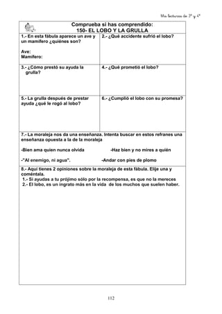 Mis lecturas de 3º y 4º
112
Comprueba si has comprendido:
150- EL LOBO Y LA GRULLA
1.- En esta fábula aparece un ave y
un mamífero ¿quiénes son?
Ave:
Mamífero:
2.- ¿Qué accidente sufrió el lobo?
3.- ¿Cómo prestó su ayuda la
grulla?
4.- ¿Qué prometió el lobo?
5.- La grulla después de prestar
ayuda ¿qué le rogó al lobo?
6.- ¿Cumplió el lobo con su promesa?
7.- La moraleja nos da una enseñanza. Intenta buscar en estos refranes una
enseñanza opuesta a la de la moraleja
-Bien ama quien nunca olvida -Haz bien y no mires a quién
-"Al enemigo, ni agua". -Andar con pies de plomo
8.- Aquí tienes 2 opiniones sobre la moraleja de esta fábula. Elije una y
coméntala.
1.- Si ayudas a tu prójimo sólo por la recompensa, es que no la mereces
2.- El lobo, es un ingrato más en la vida de los muchos que suelen haber.
 