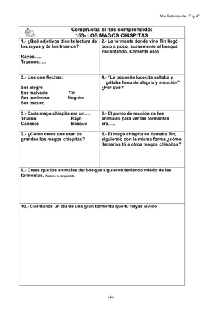 Mis lecturas de 3º y 4º
144
Comprueba si has comprendido:
163- LOS MAGOS CHISPITAS
1.- ¿Qué adjetivos dice la lectura de
los rayos y de los truenos?
Rayos…..
Truenos…..
2.- La tormenta donde vino Tin llegó
poco a poco, suavemente al bosque
Encantando. Comenta esto
3.- Une con flechas:
Ser alegre
Ser malvado Tin
Ser luminoso Negrón
Ser oscuro
4.- “La pequeña lucecita saltaba y
gritaba llena de alegría y emoción”
¿Por qué?
5.- Cada mago chispita era un….
Trueno Rayo
Canasto Bosque
6.- El punto de reunión de los
animales para ver las tormentas
era…..
7.- ¿Cómo crees que eran de
grandes los magos chispitas?
8.- El mago chispita se llamaba Tin,
siguiendo con la misma forma ¿cómo
llamarías tú a otros magos chispitas?
9.- Crees que los animales del bosque siguieron teniendo miedo de las
tormentas. Razona tu respuesta
10.- Cuéntanos un día de una gran tormenta que tu hayas vivido
 