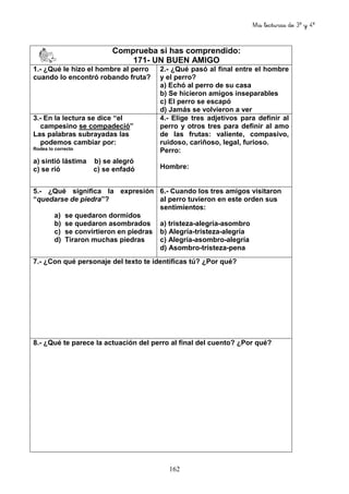 Mis lecturas de 3º y 4º
162
Comprueba si has comprendido:
171- UN BUEN AMIGO
1.- ¿Qué le hizo el hombre al perro
cuando lo encontró robando fruta?
2.- ¿Qué pasó al final entre el hombre
y el perro?
a) Echó al perro de su casa
b) Se hicieron amigos inseparables
c) El perro se escapó
d) Jamás se volvieron a ver
3.- En la lectura se dice “el
campesino se compadeció”
Las palabras subrayadas las
podemos cambiar por:
Rodea lo correcto
a) sintió lástima b) se alegró
c) se rió c) se enfadó
4.- Elige tres adjetivos para definir al
perro y otros tres para definir al amo
de las frutas: valiente, compasivo,
ruidoso, cariñoso, legal, furioso.
Perro:
Hombre:
5.- ¿Qué significa la expresión
“quedarse de piedra”?
a) se quedaron dormidos
b) se quedaron asombrados
c) se convirtieron en piedras
d) Tiraron muchas piedras
6.- Cuando los tres amigos visitaron
al perro tuvieron en este orden sus
sentimientos:
a) tristeza-alegría-asombro
b) Alegría-tristeza-alegría
c) Alegría-asombro-alegría
d) Asombro-tristeza-pena
7.- ¿Con qué personaje del texto te identificas tú? ¿Por qué?
8.- ¿Qué te parece la actuación del perro al final del cuento? ¿Por qué?
 