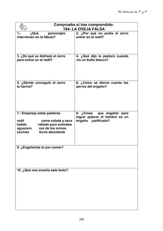 Mis lecturas de 3º y 4º
208
Comprueba si has comprendido:
194- LA OVEJA FALSA
1.- ¿Qué personajes
intervienen en la fábula?
2. ¿Por qué no podía el zorro
entrar en el redil?
3. ¿De qué se disfrazó el zorro
para entrar en el redil?
4. ¿Qué dijo la pastora cuando
vio un bulto blanco?
5. ¿Dónde consiguió el zorro
la harina?
6. ¿Cómo se dieron cuenta los
perros del engaño?
7.- Empareja estas palabras
redil carne salada y seca
balido vallado para animales
aguacero voz de los ovinos
cecinas lluvia abundante
8. ¿Crees que engañar para
lograr aplacar el hambre es un
engaño justificado?
9. ¿Engañarías tú por comer?
10. ¿Qué nos enseña este texto?
 