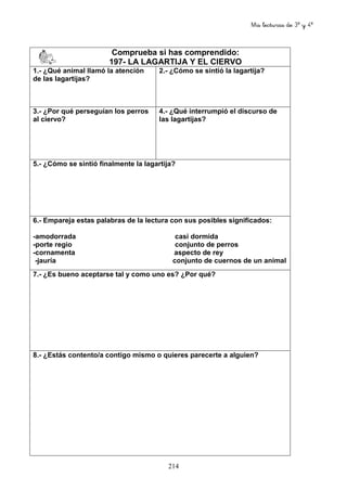 Mis lecturas de 3º y 4º
214
Comprueba si has comprendido:
197- LA LAGARTIJA Y EL CIERVO
1.- ¿Qué animal llamó la atención
de las lagartijas?
2.- ¿Cómo se sintió la lagartija?
3.- ¿Por qué perseguían los perros
al ciervo?
4.- ¿Qué interrumpió el discurso de
las lagartijas?
5.- ¿Cómo se sintió finalmente la lagartija?
6.- Empareja estas palabras de la lectura con sus posibles significados:
-amodorrada casi dormida
-porte regio conjunto de perros
-cornamenta aspecto de rey
-jauría conjunto de cuernos de un animal
7.- ¿Es bueno aceptarse tal y como uno es? ¿Por qué?
8.- ¿Estás contento/a contigo mismo o quieres parecerte a alguien?
 