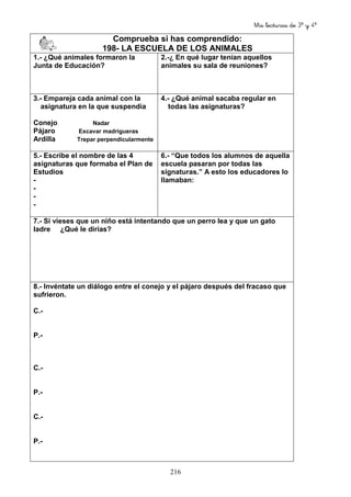 Mis lecturas de 3º y 4º
216
Comprueba si has comprendido:
198- LA ESCUELA DE LOS ANIMALES
1.- ¿Qué animales formaron la
Junta de Educación?
2.-¿ En qué lugar tenían aquellos
animales su sala de reuniones?
3.- Empareja cada animal con la
asignatura en la que suspendía
Conejo Nadar
Pájaro Excavar madrigueras
Ardilla Trepar perpendicularmente
4.- ¿Qué animal sacaba regular en
todas las asignaturas?
5.- Escribe el nombre de las 4
asignaturas que formaba el Plan de
Estudios
-
-
-
-
6.- “Que todos los alumnos de aquella
escuela pasaran por todas las
signaturas.” A esto los educadores lo
llamaban:
7.- Si vieses que un niño está intentando que un perro lea y que un gato
ladre ¿Qué le dirías?
8.- Invéntate un diálogo entre el conejo y el pájaro después del fracaso que
sufrieron.
C.-
P.-
C.-
P.-
C.-
P.-
 