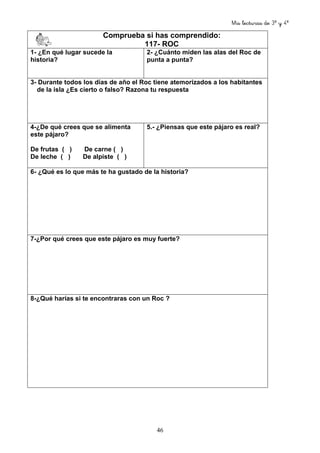 Mis lecturas de 3º y 4º
46
Comprueba si has comprendido:
117- ROC
1- ¿En qué lugar sucede la
historia?
2- ¿Cuánto miden las alas del Roc de
punta a punta?
3- Durante todos los días de año el Roc tiene atemorizados a los habitantes
de la isla ¿Es cierto o falso? Razona tu respuesta
4-¿De qué crees que se alimenta
este pájaro?
De frutas ( ) De carne ( )
De leche ( ) De alpiste ( )
5.- ¿Piensas que este pájaro es real?
6- ¿Qué es lo que más te ha gustado de la historia?
7-¿Por qué crees que este pájaro es muy fuerte?
8-¿Qué harías si te encontraras con un Roc ?
 