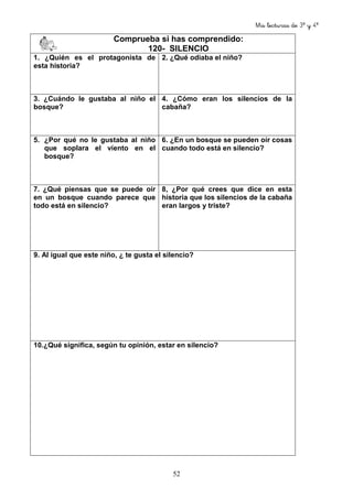 Mis lecturas de 3º y 4º
52
Comprueba si has comprendido:
120- SILENCIO
1. ¿Quién es el protagonista de
esta historia?
2. ¿Qué odiaba el niño?
3. ¿Cuándo le gustaba al niño el
bosque?
4. ¿Cómo eran los silencios de la
cabaña?
5. ¿Por qué no le gustaba al niño
que soplara el viento en el
bosque?
6. ¿En un bosque se pueden oír cosas
cuando todo está en silencio?
7. ¿Qué piensas que se puede oír
en un bosque cuando parece que
todo está en silencio?
8, ¿Por qué crees que dice en esta
historia que los silencios de la cabaña
eran largos y triste?
9. Al igual que este niño, ¿ te gusta el silencio?
10.¿Qué significa, según tu opinión, estar en silencio?
 