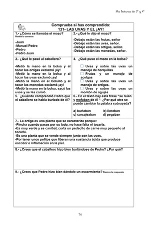Mis lecturas de 3º y 4º
74
Comprueba si has comprendido:
131- LAS UVAS Y EL ¡AY!
1.- ¿Cómo se llamaba el mozo?
Rodea lo correcto
-Juan
-Manuel Pedro
-Pedro
-Pedro Juan
2.- ¿Qué le dijo el mozo?
-Debajo están las frutas, señor
-Debajo están las uvas, señor.
-Debajo están las ortigas, señor.
-Debajo están las monedas, señor.
3.- ¿Qué le pasó al caballero?
-Metió la mano en la bolsa y al
tocar las ortigas exclamó ¡ay!
-Metió la mano en la bolsa y al
tocar las uvas exclamó ¡ay!
-Metió la mano en el bolsillo y al
tocar las monedas exclamó ¡ay!
-Metió la mano en la bolsa, sacó las
uvas y se las comió.
4. ¿Qué puso el mozo en la bolsa?
Uvas y sobre las uvas un
manojo de horquillas
Frutas y un manojo de
acelgas
Uvas y sobre las uvas un
manojo de ortigas.
Uvas y sobre las uvas un
montón de agujas
5. ¿Cuándo comprendió Pedro que
el caballero se había burlado de él?
6.- En el texto hay esta frase “se reían
y mofaban de él “- ¿Por qué otra se
puede cambiar la palabra subrayada?
a) burlaban b) lloraban
c) carcajeaban d) pegaban
7.- La ortiga es una planta que se caracteriza porque:
-Pincha cuando pasas por su lado, no hace falta ni tocarla.
-Es muy verde y es caníbal, corta un pedacito de carne muy pequeño al
tocarla.
-Es una planta que se vende siempre junto con las uvas.
-Por tener unos pelitos que liberan una sustancia ácida que produce
escozor e inflamación en la piel.
8.- ¿Crees que el caballero hizo bien burlándose de Pedro? ¿Por qué?
9.- ¿Crees que Pedro hizo bien dándole un escarmiento? Razona la respuesta
 