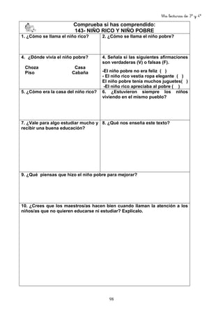 Mis lecturas de 3º y 4º
98
Comprueba si has comprendido:
143- NIÑO RICO Y NIÑO POBRE
1. ¿Cómo se llama el niño rico? 2. ¿Cómo se llama el niño pobre?
4. ¿Dónde vivía el niño pobre?
Choza Casa
Piso Cabaña
4. Señala si las siguientes afirmaciones
son verdaderas (V) o falsas (F).
-El niño pobre no era feliz ( )
- El niño rico vestía ropa elegante ( )
El niño pobre tenía muchos juguetes( )
-El niño rico apreciaba al pobre ( )
5. ¿Cómo era la casa del niño rico? 6. ¿Estuvieron siempre los niños
viviendo en el mismo pueblo?
7. ¿Vale para algo estudiar mucho y
recibir una buena educación?
8. ¿Qué nos enseña este texto?
9. ¿Qué piensas que hizo el niño pobre para mejorar?
10. ¿Crees que los maestros/as hacen bien cuando llaman la atención a los
niños/as que no quieren educarse ni estudiar? Explícalo.
 