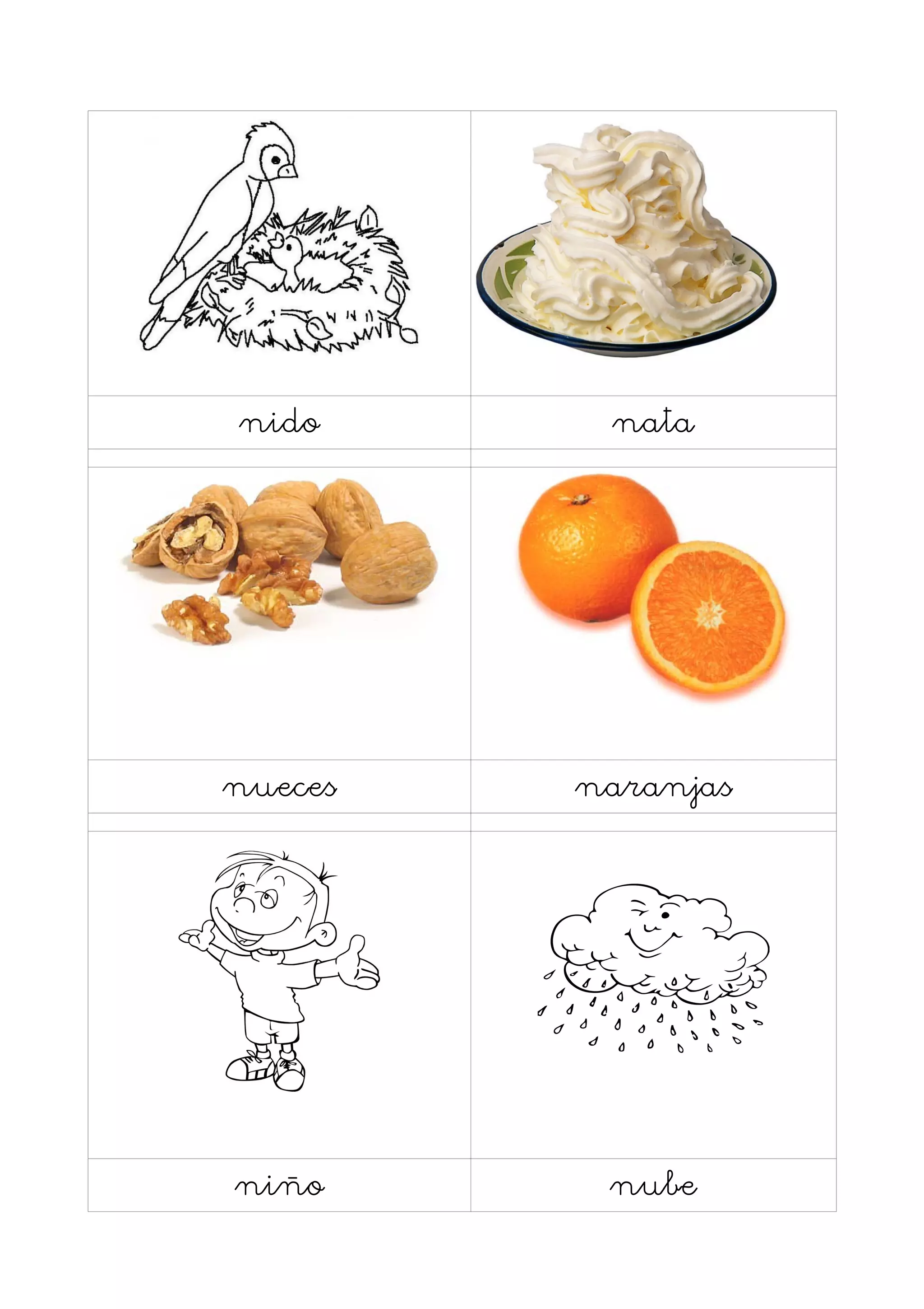 nido      nata




nueces   naranjas




niño      nube
 