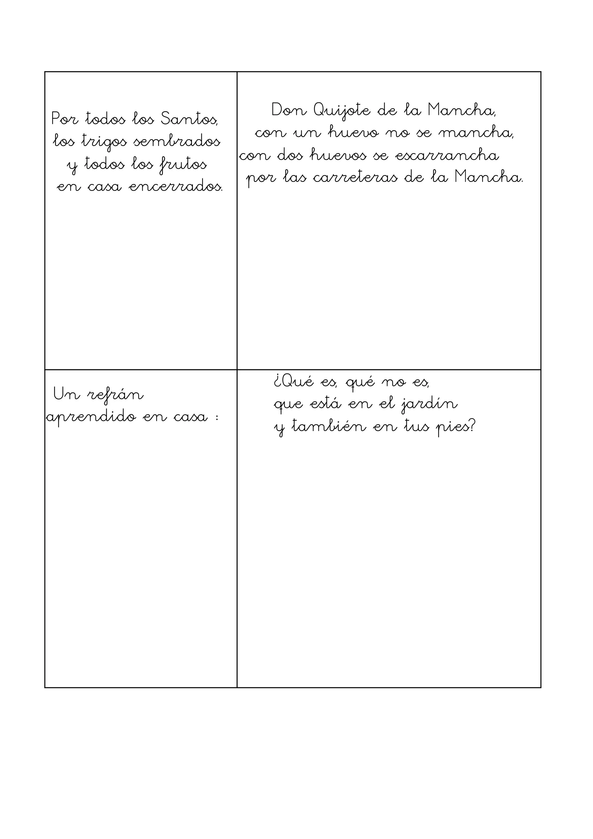 Por todos los Santos,     Don Quijote de la Mancha,
los trigos sembrados    con un huevo no se mancha,
  y todos los frutos  con dos huevos se escarrancha
 en casa encerrados. por las carreteras de la Mancha.




                        ¿Qué es, qué no es,
 Un refrán              que está en el jardín
aprendido en casa :     y también en tus pies?
 