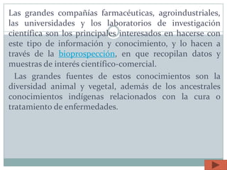 Las grandes compañías farmacéuticas, agroindustriales,
las universidades y los laboratorios de investigación
científica son los principales interesados en hacerse con
este tipo de información y conocimiento, y lo hacen a
través de la bioprospección, en que recopilan datos y
muestras de interés científico-comercial.
Las grandes fuentes de estos conocimientos son la
diversidad animal y vegetal, además de los ancestrales
conocimientos indígenas relacionados con la cura o
tratamiento de enfermedades.
 