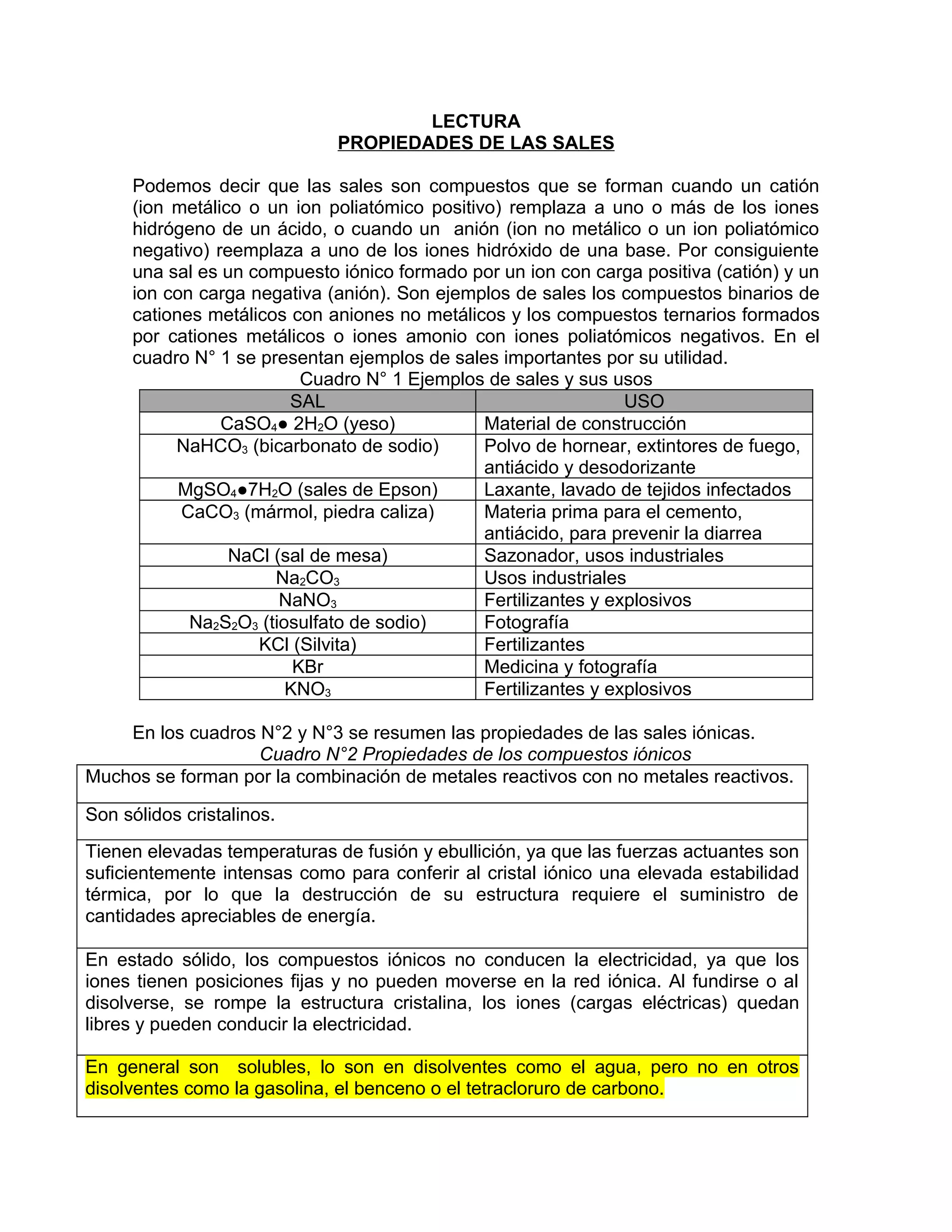 LECTURA
                              PROPIEDADES DE LAS SALES

     Podemos decir que las sales son compuestos que se forman cuando un catión
     (ion metálico o un ion poliatómico positivo) remplaza a uno o más de los iones
     hidrógeno de un ácido, o cuando un anión (ion no metálico o un ion poliatómico
     negativo) reemplaza a uno de los iones hidróxido de una base. Por consiguiente
     una sal es un compuesto iónico formado por un ion con carga positiva (catión) y un
     ion con carga negativa (anión). Son ejemplos de sales los compuestos binarios de
     cationes metálicos con aniones no metálicos y los compuestos ternarios formados
     por cationes metálicos o iones amonio con iones poliatómicos negativos. En el
     cuadro N° 1 se presentan ejemplos de sales importantes por su utilidad.
                          Cuadro N° 1 Ejemplos de sales y sus usos
                        SAL                                      USO
                CaSO4● 2H2O (yeso)             Material de construcción
          NaHCO3 (bicarbonato de sodio)        Polvo de hornear, extintores de fuego,
                                               antiácido y desodorizante
           MgSO4●7H2O (sales de Epson)         Laxante, lavado de tejidos infectados
           CaCO3 (mármol, piedra caliza)       Materia prima para el cemento,
                                               antiácido, para prevenir la diarrea
                 NaCl (sal de mesa)            Sazonador, usos industriales
                      Na2CO3                   Usos industriales
                       NaNO3                   Fertilizantes y explosivos
            Na2S2O3 (tiosulfato de sodio)      Fotografía
                    KCl (Silvita)              Fertilizantes
                         KBr                   Medicina y fotografía
                        KNO3                   Fertilizantes y explosivos

    En los cuadros N°2 y N°3 se resumen las propiedades de las sales iónicas.
                   Cuadro N°2 Propiedades de los compuestos iónicos
Muchos se forman por la combinación de metales reactivos con no metales reactivos.

Son sólidos cristalinos.
Tienen elevadas temperaturas de fusión y ebullición, ya que las fuerzas actuantes son
suficientemente intensas como para conferir al cristal iónico una elevada estabilidad
térmica, por lo que la destrucción de su estructura requiere el suministro de
cantidades apreciables de energía.

En estado sólido, los compuestos iónicos no conducen la electricidad, ya que los
iones tienen posiciones fijas y no pueden moverse en la red iónica. Al fundirse o al
disolverse, se rompe la estructura cristalina, los iones (cargas eléctricas) quedan
libres y pueden conducir la electricidad.

En general son solubles, lo son en disolventes como el agua, pero no en otros
disolventes como la gasolina, el benceno o el tetracloruro de carbono.
 