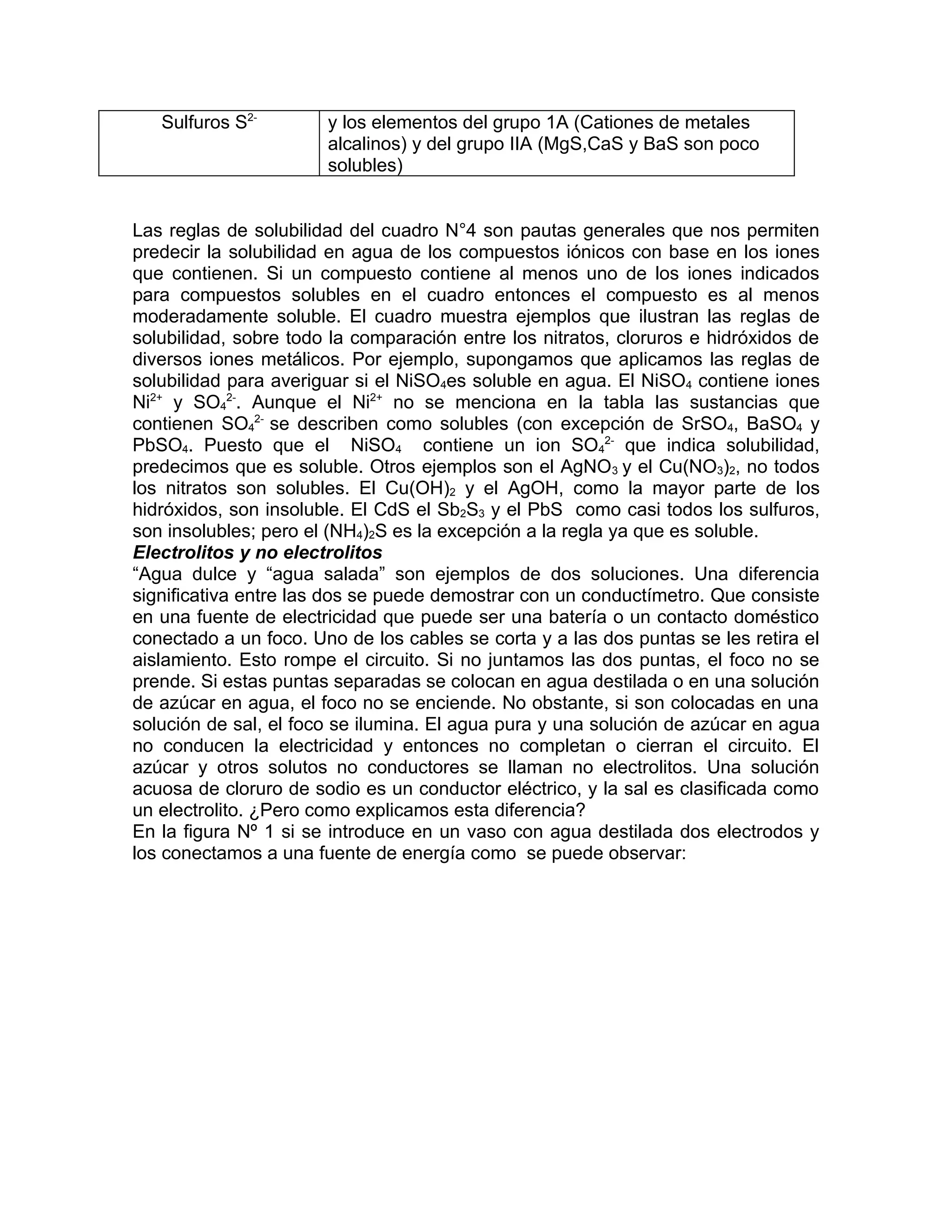 Sulfuros S2-        y los elementos del grupo 1A (Cationes de metales
                       alcalinos) y del grupo IIA (MgS,CaS y BaS son poco
                       solubles)


Las reglas de solubilidad del cuadro N°4 son pautas generales que nos permiten
predecir la solubilidad en agua de los compuestos iónicos con base en los iones
que contienen. Si un compuesto contiene al menos uno de los iones indicados
para compuestos solubles en el cuadro entonces el compuesto es al menos
moderadamente soluble. El cuadro muestra ejemplos que ilustran las reglas de
solubilidad, sobre todo la comparación entre los nitratos, cloruros e hidróxidos de
diversos iones metálicos. Por ejemplo, supongamos que aplicamos las reglas de
solubilidad para averiguar si el NiSO4es soluble en agua. El NiSO4 contiene iones
Ni2+ y SO42-. Aunque el Ni2+ no se menciona en la tabla las sustancias que
contienen SO42- se describen como solubles (con excepción de SrSO4, BaSO4 y
PbSO4. Puesto que el NiSO4 contiene un ion SO42- que indica solubilidad,
predecimos que es soluble. Otros ejemplos son el AgNO 3 y el Cu(NO3)2, no todos
los nitratos son solubles. El Cu(OH)2 y el AgOH, como la mayor parte de los
hidróxidos, son insoluble. El CdS el Sb2S3 y el PbS como casi todos los sulfuros,
son insolubles; pero el (NH4)2S es la excepción a la regla ya que es soluble.
Electrolitos y no electrolitos
“Agua dulce y “agua salada” son ejemplos de dos soluciones. Una diferencia
significativa entre las dos se puede demostrar con un conductímetro. Que consiste
en una fuente de electricidad que puede ser una batería o un contacto doméstico
conectado a un foco. Uno de los cables se corta y a las dos puntas se les retira el
aislamiento. Esto rompe el circuito. Si no juntamos las dos puntas, el foco no se
prende. Si estas puntas separadas se colocan en agua destilada o en una solución
de azúcar en agua, el foco no se enciende. No obstante, si son colocadas en una
solución de sal, el foco se ilumina. El agua pura y una solución de azúcar en agua
no conducen la electricidad y entonces no completan o cierran el circuito. El
azúcar y otros solutos no conductores se llaman no electrolitos. Una solución
acuosa de cloruro de sodio es un conductor eléctrico, y la sal es clasificada como
un electrolito. ¿Pero como explicamos esta diferencia?
En la figura Nº 1 si se introduce en un vaso con agua destilada dos electrodos y
los conectamos a una fuente de energía como se puede observar:
 