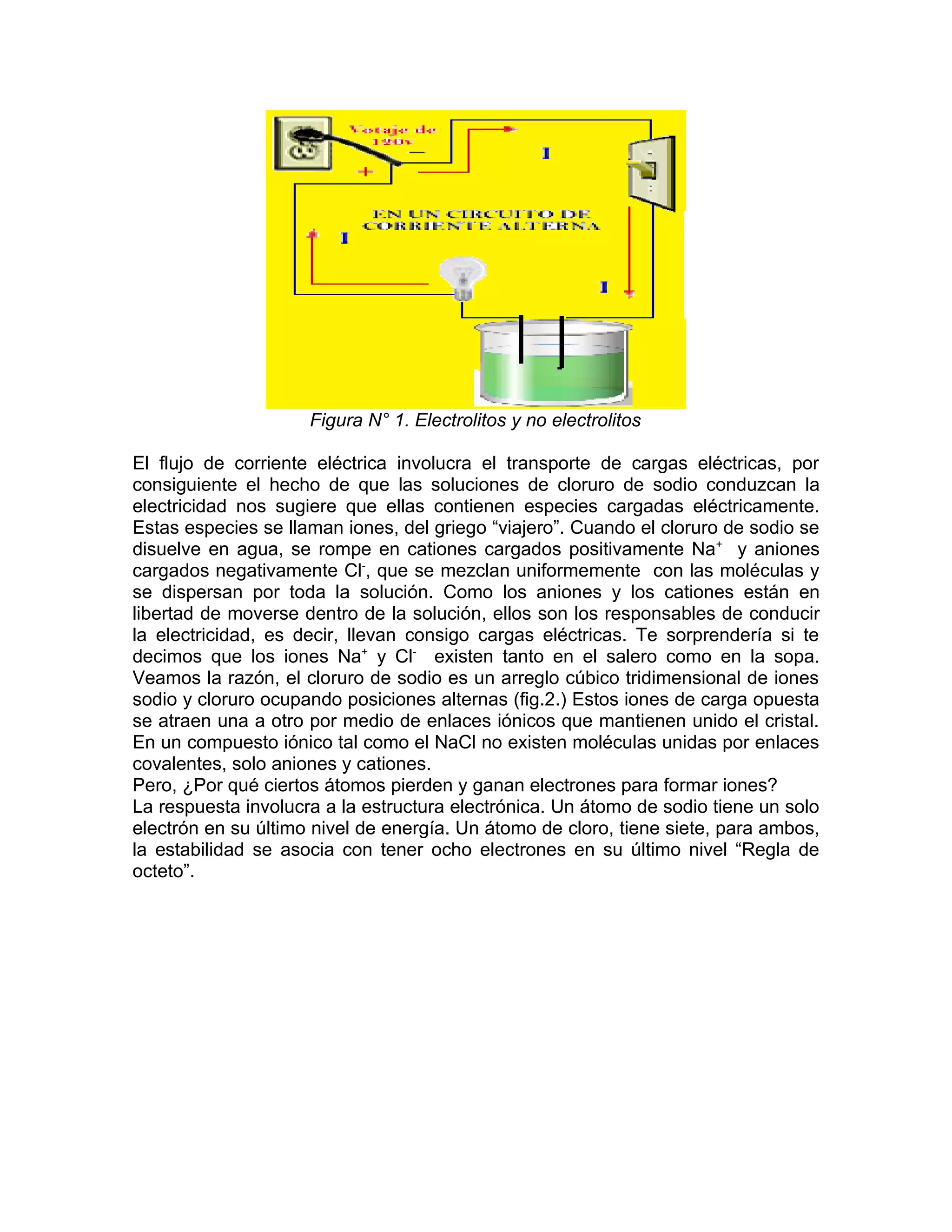 Figura N° 1. Electrolitos y no electrolitos

El flujo de corriente eléctrica involucra el transporte de cargas eléctricas, por
consiguiente el hecho de que las soluciones de cloruro de sodio conduzcan la
electricidad nos sugiere que ellas contienen especies cargadas eléctricamente.
Estas especies se llaman iones, del griego “viajero”. Cuando el cloruro de sodio se
disuelve en agua, se rompe en cationes cargados positivamente Na+ y aniones
cargados negativamente Cl-, que se mezclan uniformemente con las moléculas y
se dispersan por toda la solución. Como los aniones y los cationes están en
libertad de moverse dentro de la solución, ellos son los responsables de conducir
la electricidad, es decir, llevan consigo cargas eléctricas. Te sorprendería si te
decimos que los iones Na+ y Cl- existen tanto en el salero como en la sopa.
Veamos la razón, el cloruro de sodio es un arreglo cúbico tridimensional de iones
sodio y cloruro ocupando posiciones alternas (fig.2.) Estos iones de carga opuesta
se atraen una a otro por medio de enlaces iónicos que mantienen unido el cristal.
En un compuesto iónico tal como el NaCl no existen moléculas unidas por enlaces
covalentes, solo aniones y cationes.
Pero, ¿Por qué ciertos átomos pierden y ganan electrones para formar iones?
La respuesta involucra a la estructura electrónica. Un átomo de sodio tiene un solo
electrón en su último nivel de energía. Un átomo de cloro, tiene siete, para ambos,
la estabilidad se asocia con tener ocho electrones en su último nivel “Regla de
octeto”.
 