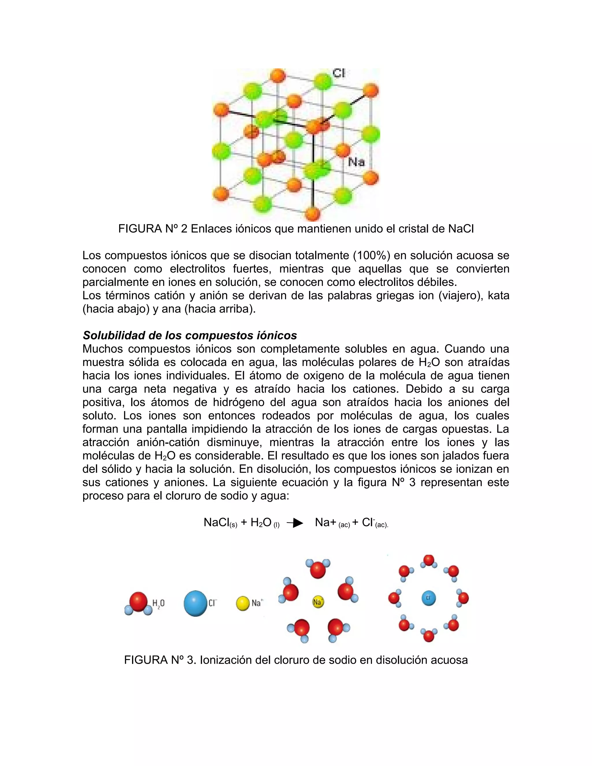FIGURA Nº 2 Enlaces iónicos que mantienen unido el cristal de NaCl

Los compuestos iónicos que se disocian totalmente (100%) en solución acuosa se
conocen como electrolitos fuertes, mientras que aquellas que se convierten
parcialmente en iones en solución, se conocen como electrolitos débiles.
Los términos catión y anión se derivan de las palabras griegas ion (viajero), kata
(hacia abajo) y ana (hacia arriba).

Solubilidad de los compuestos iónicos
Muchos compuestos iónicos son completamente solubles en agua. Cuando una
muestra sólida es colocada en agua, las moléculas polares de H2O son atraídas
hacia los iones individuales. El átomo de oxigeno de la molécula de agua tienen
una carga neta negativa y es atraído hacia los cationes. Debido a su carga
positiva, los átomos de hidrógeno del agua son atraídos hacia los aniones del
soluto. Los iones son entonces rodeados por moléculas de agua, los cuales
forman una pantalla impidiendo la atracción de los iones de cargas opuestas. La
atracción anión-catión disminuye, mientras la atracción entre los iones y las
moléculas de H2O es considerable. El resultado es que los iones son jalados fuera
del sólido y hacia la solución. En disolución, los compuestos iónicos se ionizan en
sus cationes y aniones. La siguiente ecuación y la figura Nº 3 representan este
proceso para el cloruro de sodio y agua:

                       NaCl(s) + H2O (l)     Na+ (ac) + Cl-(ac).




        FIGURA Nº 3. Ionización del cloruro de sodio en disolución acuosa
 