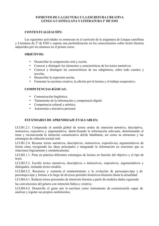 FOMENTO DE LA LECTURA Y LA ESCRITURA CREATIVA
LENGUA CASTELLANA Y LITERATURA 2º DE ESO
CONTEXTUALIZACIÓN:
Las siguientes actividades se enmarcan en el currículo de la asignatura de Lengua castellana
y Literatura de 2º de ESO y supone una profundización en los conocimientos sobre teoría literaria
adquiridos por los alumnos en el primer curso.
OBJETIVOS:
• Desarrollar la comprensión oral y escrita.
• Conocer y distinguir los elementos y características de los textos narrativos.
• Conocer y distinguir las características de sus subgéneros, sobre todo cuentos y
novelas.
• Desarrollar la expresión escrita.
• Fomentar la escritura creativa, la afición por la lectura y el trabajo cooperativo.
COMPETENCIAS BÁSICAS:
• Comunicación lingüística.
• Tratamiento de la información y competencia digital.
• Competencia cultural y artística.
• Autonomía e iniciativa personal.
ESTÁNDARES DE APRENDIZAJE EVALUABLES:
LCLB1.2.1. Comprende el sentido global de textos orales de intención narrativa, descriptiva,
instructiva, expositiva y argumentativa, identi-ficando la información relevante, determinando el
tema y reconociendo la intención comunicativa del/de lahablante, así como su estructura y las
estrategias de cohesión textual oral.
LCLB1.2.4. Resume textos narrativos, descriptivos, instructivos, expositivosy argumentativos de
forma clara, recogiendo las ideas principales e integrando la información en oraciones que se
relacionen lógicamente y semánticamente.
LCLB2.1.1. Pone en práctica diferentes estrategias de lectura en función del objetivo y el tipo de
texto.
LCLB2.5.2. Escribe textos narrativos, descriptivos e instructivos, expositivos, argumentativos y
dialogados, imitando textos modelo.
LCLB4.2.2. Reconoce y comenta el mantenimiento o la evolución de personajes-tipo y de
personajes-tipo y formas a lo largo de diversos períodos históricos-literarios hasta la actualidad.
LCLB4.4.1. Redacta textos personales de intención literaria a partir de modelos dados siguiendo
las convenciones del género con intención lúdica y creativa.
LCLB4.4.2. Desarrolla el gusto por la escritura como instrumento de comunicación capaz de
analizar y regular sus propios sentimientos.
 