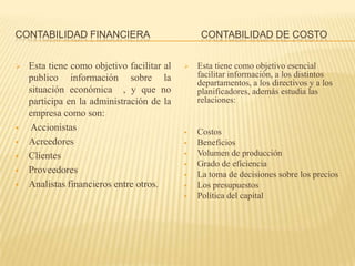 CONTABILIDAD FINANCIERA                          CONTABILIDAD DE COSTO


   Esta tiene como objetivo facilitar al      Esta tiene como objetivo esencial
    publico información sobre la                facilitar información, a los distintos
                                                departamentos, a los directivos y a los
    situación económica , y que no              planificadores, además estudia las
    participa en la administración de la        relaciones:
    empresa como son:
   Accionistas                                Costos
   Acreedores                                 Beneficios
   Clientes                                   Volumen de producción
                                               Grado de eficiencia
   Proveedores                                La toma de decisiones sobre los precios
   Analistas financieros entre otros.         Los presupuestos
                                               Política del capital
 