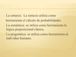 o   La sintaxis: La sintaxis utiliza como
    herramienta el cálculo de probabilidades.
o   La semántica: se utiliza como herramienta la
    lógica preposicional clásica.
o   La pragmática: se utiliza como herramienta al
    individuo humano.
 