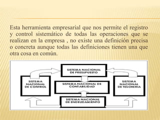 Esta herramienta empresarial que nos permite el registro
y control sistemático de todas las operaciones que se
realizan en la empresa , no existe una definición precisa
o concreta aunque todas las definiciones tienen una que
otra cosa en común.
 
